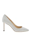 JIMMY CHOO ROMY 85 PUMPS IN SILVER GLITTER