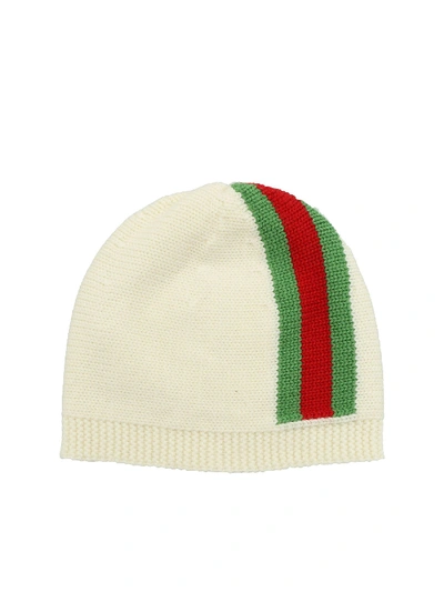 Gucci Cream-colored Beanie With Web Detail In White