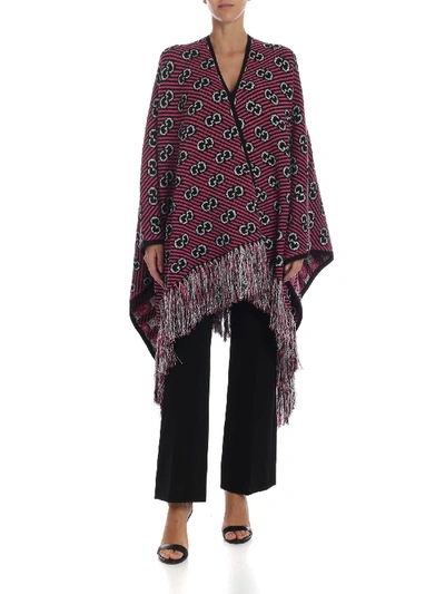 Gucci Pink And Black Jacquard Poncho With Gg Striped Pattern