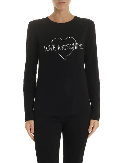 Love Moschino Long Sleeves Black T-shirt With Rhinestone Logo