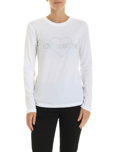 Love Moschino White Long Sleeves T-shirt With Rhinestone Logo