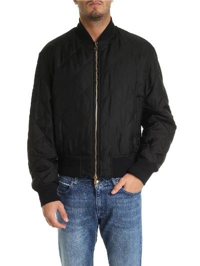 Versace Quilted Silk Bomber In Black With Dragon Print