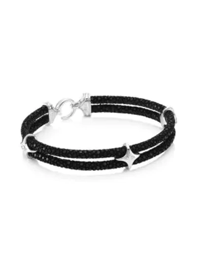 Stinghd Stingray Leather, Silver & Diamond Star Wrap Bracelet In Black