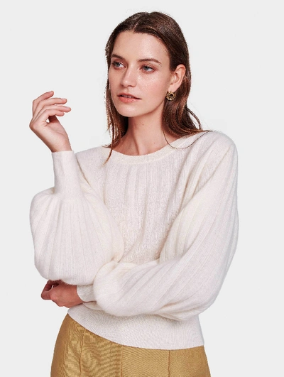 White + Warren Cashmere Pleated Sleeve Crewneck Top In Pearl White