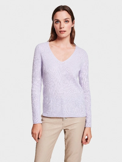 White + Warren Cashmere Slim Ribbed V Neck Sweater In Silver Lilac Heather