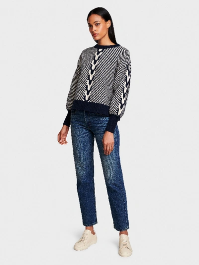 White + Warren Cotton Plush Melange Contrast Cable Pullover In Navy ...