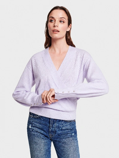 White + Warren Cashmere Button Cuff Wrap Top In Silver Lilac Heather