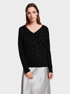 WHITE + WARREN ESSENTIAL CASHMERE PEARL V NECK SWEATER IN BLACK WITH PEARLS,17708EMB