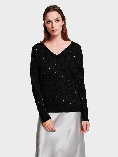 White + Warren Essential Cashmere Pearl V Neck Sweater In Black With Pearls