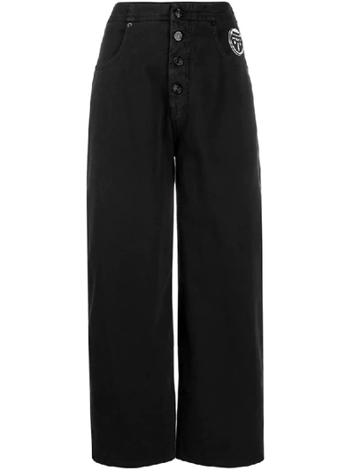 Mm6 Maison Margiela Cropped Appliquéd Boyfriend Jeans In Black