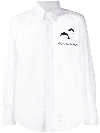 Thom Browne White Oxford Jumping Dolphins Embroidered Shirt In White
