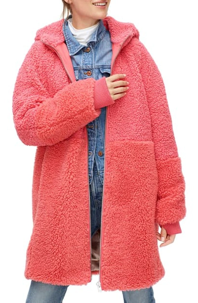 Jcrew Mixed Teddy Fleece Coat In Brilliant Coral