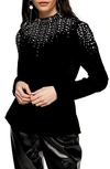 TOPSHOP VELVET EMBELLISHED TOP,13R23RBLK