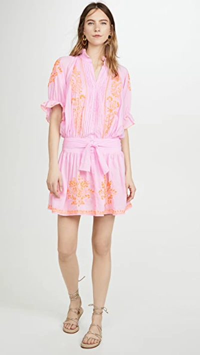 Juliet Dunn Ruffled High-neck Embroidered-cotton Blouson Dress In Sugar Pink/neon Orange