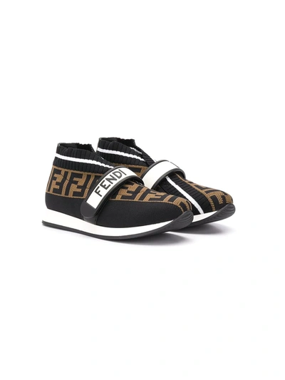 Fendi Teen Ff Touch Strap Sneakers In Black