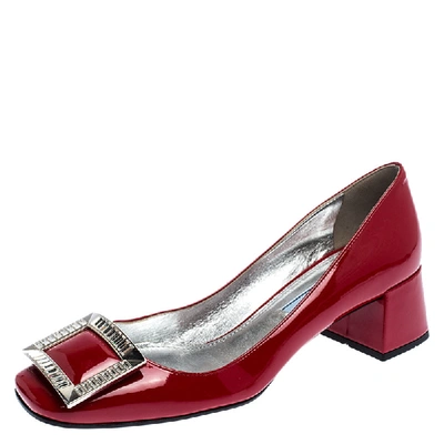Pre-owned Prada Red Patent Leather Crystal Buckle Block Heel Pumps Size 38