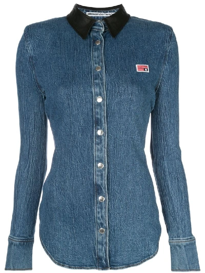 Alexander Wang Denim Button Long Sleeve Shirt With Leather Collar In Blue