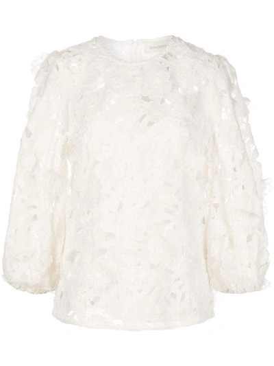 Zimmermann Puffed Sleeve Cut Out Floral Blouse In White
