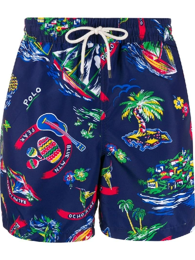 Polo Ralph Lauren Drawstring Printed Swim Shorts In Blue