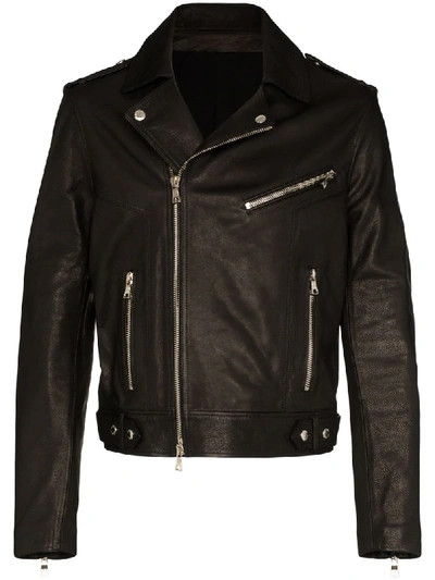 Balmain Men's Stamped Leather Moto Jacket In Black