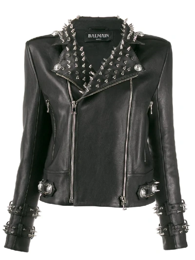 Balmain Studded Leather Biker Jacket In Black