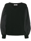 Valentino Bi-material V-neck Jumper In Black