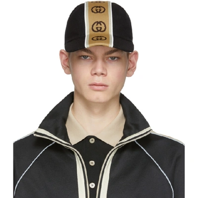Gucci 黑色互扣式 G 条纹棒球帽 In Black/beige