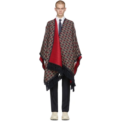 Gucci Navy And Red Wool Poncho