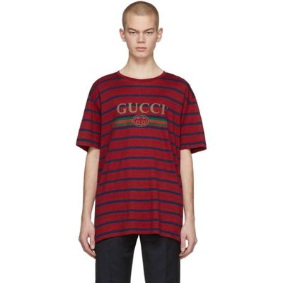 Gucci Stripe Logo Oversize Linen & Cotton T-shirt In Red