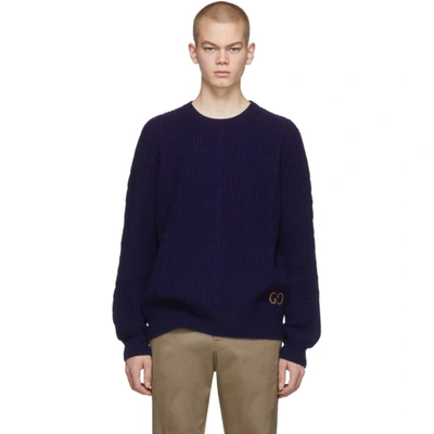 Gucci Navy Cable Knit Wool Gg Jumper In Blue