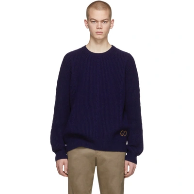 Gucci Navy Cable Knit Wool Gg Sweater In Blue