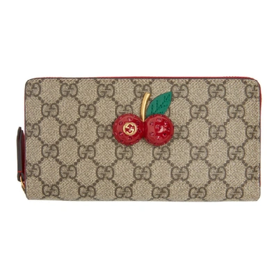 Gucci Beige Gg Cherries Zip Wallet In 8694 Red