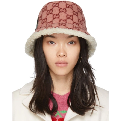 Gucci Gg Faux Shearling Lined Wool Blend Bucket Hat In 5877 Pink