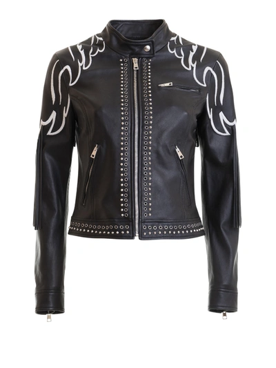 Red Valentino Wings Embroidery Leather Jacket In Black