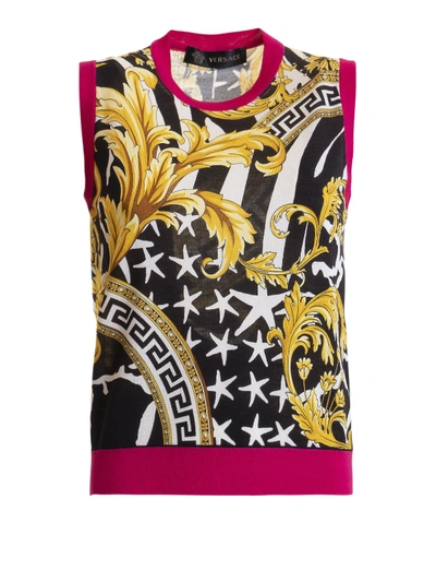Versace Savage Barocco Print Knitted Silk Tank Top In Multicolour