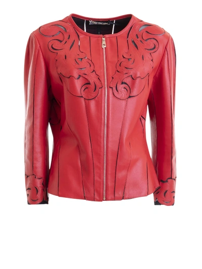 Versace Baroque Leather Jacket In Red