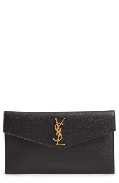 Saint Laurent Uptown Medium Ysl Monogram Grain De Poudre Pouch Bag In Black