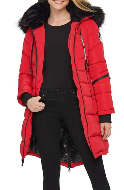 Karl Lagerfeld Apres Ski Long Parka With Faux Fur Trim In Red