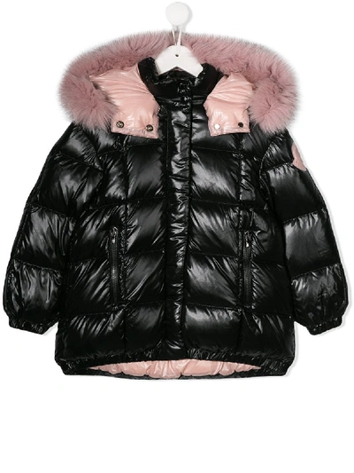 Moncler Kids' Faux Fur Trim Padded Jacket In 黑色