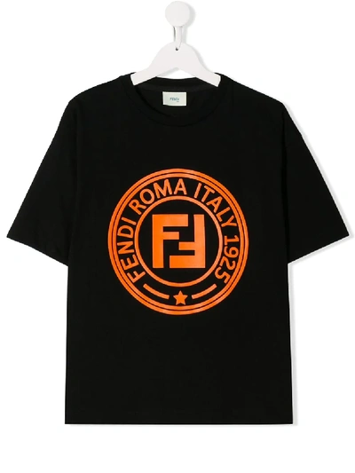 Fendi Teen Logo Print T-shirt In Nero/arancio