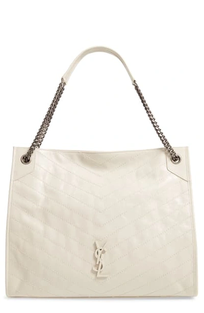 Saint Laurent Niki Large Quilted Crinkled Glossed-leather Tote In White