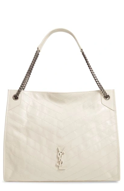 Saint Laurent Niki Large Quilted Crinkled Glossed-leather Tote In Blanc Vintage