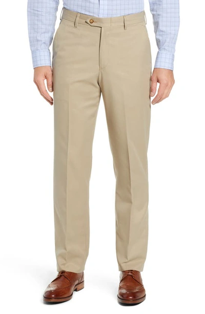 Berle Classic Fit Flat Front Microfiber Performance Trousers In Tan