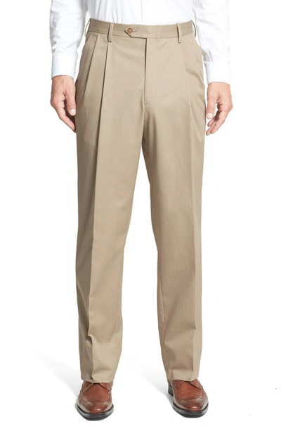 Berle Pleated Classic Fit Cotton Dress Pants In Khaki