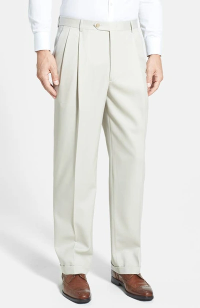 Berle Pleated Classic Fit Wool Gabardine Dress Trousers In Stone