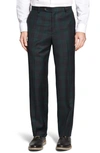 BERLE TOUCH FINISH FLAT FRONT CLASSIC FIT PLAID WOOL TROUSERS,724-45 HA