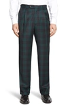 BERLE BERLE TOUCH FINISH PLEATED CLASSIC FIT PLAID WOOL TROUSERS,724-45 MI