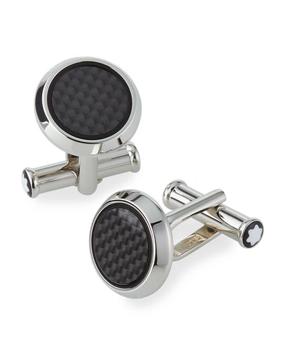 Montblanc Cufflinks, Round In Stainless Steel With Carbon-patterned Inlay In Silver