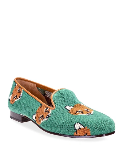 Stubbs And Wootton Cub Fox Embroidered Smoking Slipper Loafers In Green