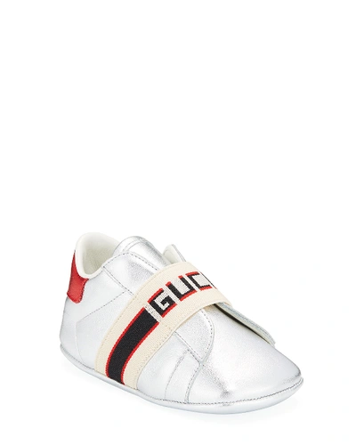 Gucci Logo Band Metallic Leather Sneakers, Baby/toddler In Silver